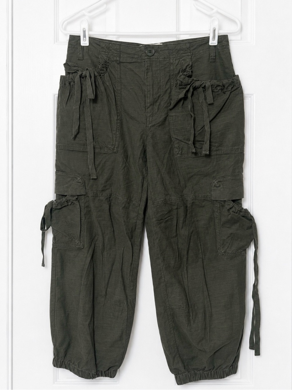 Anthropologie Olive Green Cargo Jogger Pants Cropped Utility Tie Pocket Size 4